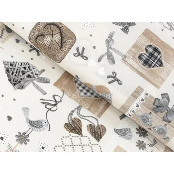 Dekorační látka Porto PRT-014 Hnědo-šedá srdíčka na krémovém - šířka 140 cm