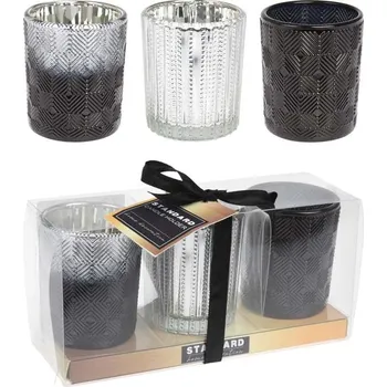 Svícen Svícen sklo 3 ks – set 170×58×83 mm, na dřevěném tácku, mix černá/stříbrná/šedá