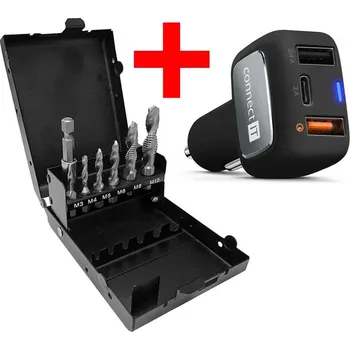 Ruční nářadí NÁSTROJE CZ Sada kombinovaných závitníků M3+M4+M5+M6+M8+M10 HSS + adaptér, v kovové krabičce + Nabíječka do auta CONNECT IT InCarz- 2x USB- 1x USB-C- 3A- černá - SET-CZVZ-130-907-E1