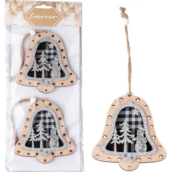 Vánoční dekorace Závěs dřevo 2 ks 95X100mm zvonek, přírodní s glitrem, stříbrná