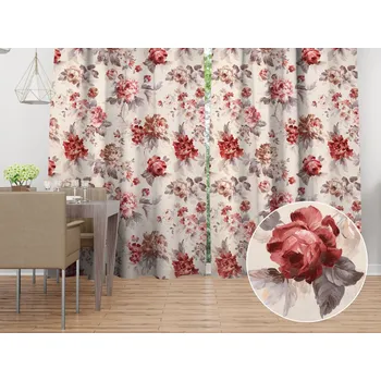 ubrus Sametový závěs Tamara TMR-017 Červené pivoňky na pískovém 145x140 cm