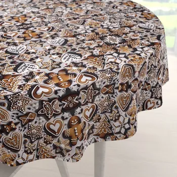 ubrus Saténový kulatý ubrus LUP-501 Vánoční perníčky na šedém Ø 100 cm