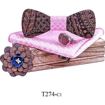 Motýlek Mahoosive Dřevěný motýlek s kapesníčkem a manžetovými knoflíčky T274