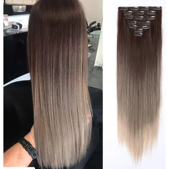 Paruka Vlasy clip in 7 pásů - Postupně zesvětlující hnědé vlasové příčesky rovné 45 cm