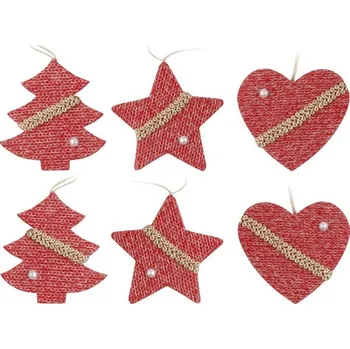 Vánoční dekorace Závěs 6 ks, 60 mm srdce, hvězda, stromek, mix pletený červený