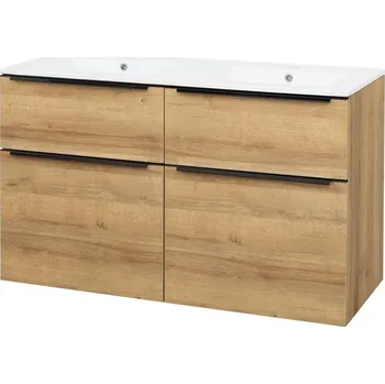 Koupelnový nábytek Mereo Mailo, koupelnová skříňka s keramickým umyvadlem 121 cm, dub Riviera, černé madlo