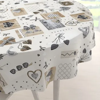 ubrus Dekorační kulatý ubrus Porto PRT-014 Hnědo-šedá srdíčka na krémovém Ø 100 cm