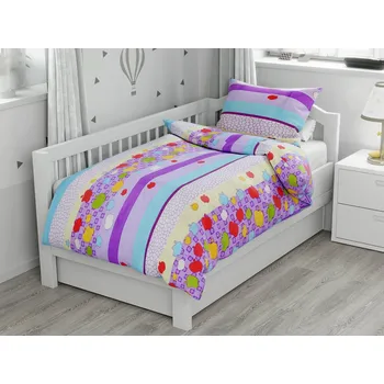 Povlečení Bavlněné povlečení do postýlky BAREVNÉ PRUHY S JABLKY fialové, polštář 38 x 50 cm, peřinka 100 x 140 cm, gramáž 135 g/m2