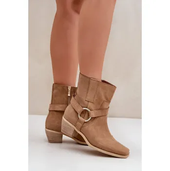Dámské kozačky Boty Z Přírodní Semiše Na Podpatku Zazoo 3444/2 Barva: Béžová, Velikost: 38