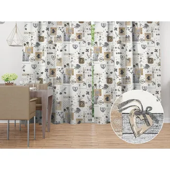 ubrus Dekorační závěs Porto PRT-014 Hnědo-šedá srdíčka na krémovém - šířka 130 cm 130x140 cm