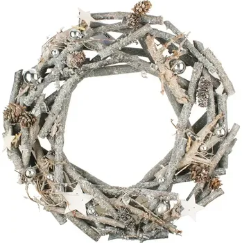 Vánoční dekorace Věnec šedý dřevěný z větviček s baňkami 29 cm
