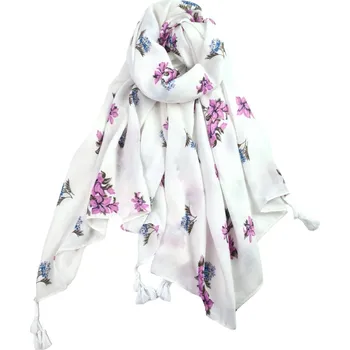 Šála Classic Scarf Květovaná bílá bavlněná šála s viskózou, pléd přes šaty, plavky; barevné květy 180x90 cm