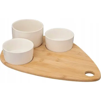 BÍLÉ MISKY NA POCHUTINY + BAMBUSOVÝ PODNOS S DRŽADLEM 3 ks
