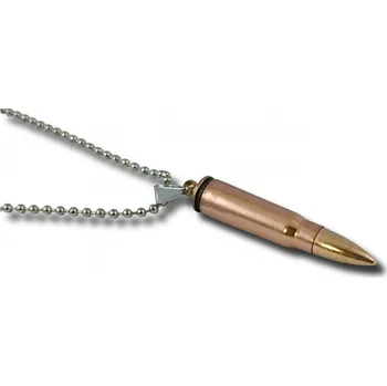 Přívěsek Náhrdelník s nábojem 7,62x39 Kalašnikov poměděný a nerezovým řemínkem - zlatý