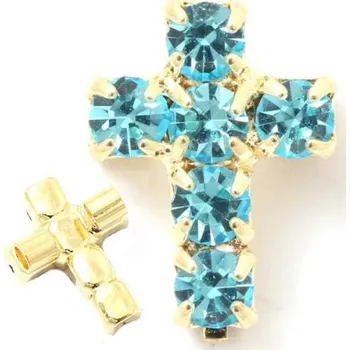 Přívěsek Crystal-ZONE Korálek křížek 10/7mm „vertikal“ light turquise/gold plating 24kt