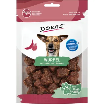 Pamlsek pro psa 105g Dokas kostky s jablkem a banánem pamlsky pro psy