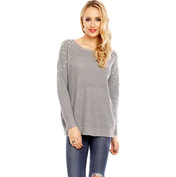 Dámský svetr Dámský svetr s ozdobnými perličkami šedý uni