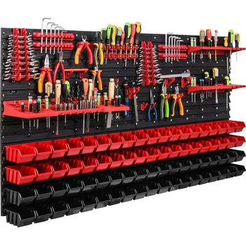 Obraz Děrovaná stěna na nářadí 156x78 cm + 76 boxů/úložných nádob