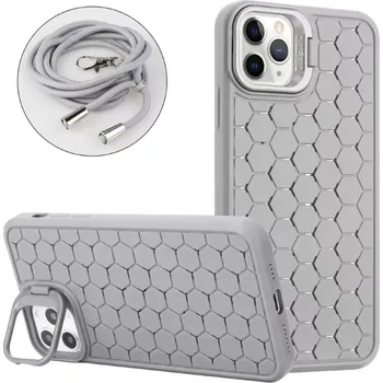 Pouzdro na mobilní telefon Kryt na iPhone 15 Pro Honeycomb s podporou MagSafe a šňůrkou na krk šedý