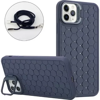 Pouzdro na mobilní telefon Kryt na iPhone 15 Pro Honeycomb s podporou MagSafe a šňůrkou na krk modrý