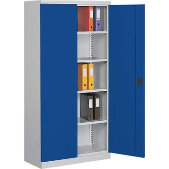 Kovová skříň s dvoukřídlými dveřmi, v x š x h: 1990 x 1000 x 435 mm, barva korpusu šedá RAL7035 / dveří modrá RAL5010