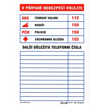 Tabulka důležitých telefonních čísel (plastová tabulka A4)