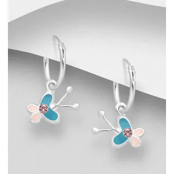 Náušnice Kruhové náušnice ze stříbra 925 s motýlím kouzlem, zdobené barevným smaltem a křišťálovými sklíčky