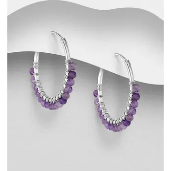 Náušnice Kruhové náušnice ze stříbra 925, zdobené různými korálky z drahých kamenů (Ametyst)