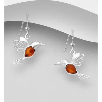 Náušnice Stříbrné náušnice s kolibříkem 925, zdobené baltským jantarem