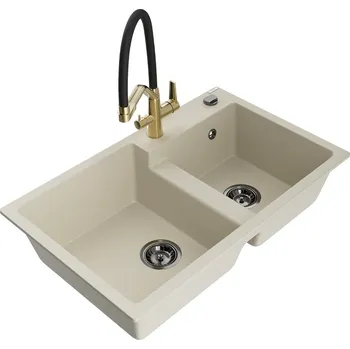 Granitový dřez MEXEN/S - Tomas granitový dřez 2-bowly včetně baterie Duo, béžová 6516-69-671701-57-B
