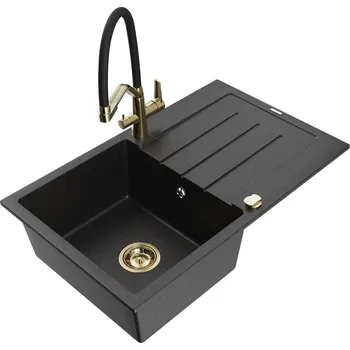 Granitový dřez MEXEN/S - Bruno granitový dřez s odkapávačem včetně baterie Duo, černá/stříbrná metalik 6513-73-671701-57-G