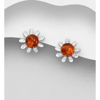 Náušnice Stříbrné náušnice se zatlačovacím zapínáním s květy 925, zdobené baltským jantarem