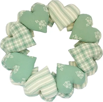 Věnec Srdíčkový věnec ze starozeleného kanafasu Věnce dekorace: Kombinované káro a pruhy s ornamentem