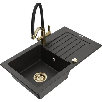 Granitový dřez MEXEN/S - Pablo granitový dřez s odkapávačem včetně baterie Duo, černá/zlatá metalik 6510-75-671701-57-G