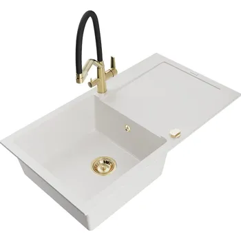 Granitový dřez MEXEN/S - Leo granitový dřez 1-miska s odkapávačem včetně baterie Duo, bílá 6501-20-671701-57-G