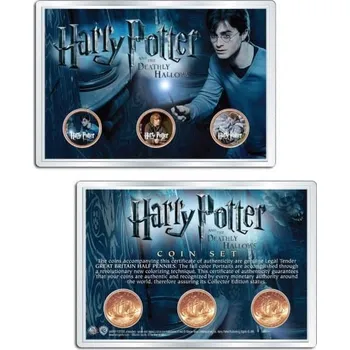 Royal Mint Sada 3 mincí Harry Potter HALLOWS Velká Británie Half Pennies s displejem 4x6