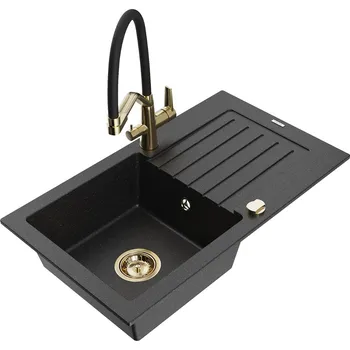 Granitový dřez MEXEN/S - Pablo granitový dřez s odkapávačem včetně baterie Duo, černá/stříbrná metalik 6510-73-671701-57-G