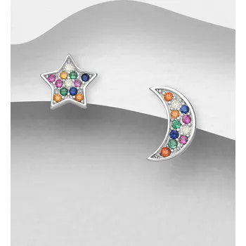 Náušnice Stříbrné náušnice 925, měsíc a hvězda, zdobené barevnými diamanty se simulací CZ, Barvy se mohou lišit.