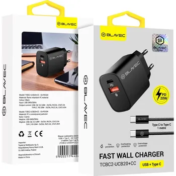 Rychlonabíječka Blavec BC2 s USB-C datovým kabelem Dual 20W (TCBC2-UCB20+CC) černá