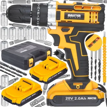 Aku vrtací šroubovák s příklepem, bity, nástavci a 2 bateriemi 20V