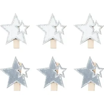 Vánoční dekorace Kolíček hvězda stříbr. dřevo/6ks