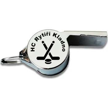 u Psíka │Píšťalka pro rozhodčí s vlastním textem v ceně │váha 7g Volba stylu gravírování: Ikona hokejky kruhový text