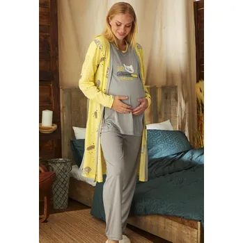 Dámské pyžamo Kočičí šedý i žlutý set kojící i těhotenský, pyžamo a župan - Čekáme na miniko 1G0610 šedá xl