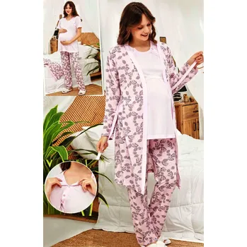 Dámské pyžamo Růžový set kojící i těhotenský, pyžamo a župan - vzor vínové listí 1G0611 růžová xl