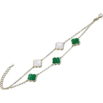 Náramek Stříbrný pozlacený náramek čtyřlístky s bílou perletí a malachitem 16-19 cm JMAS7043GB16 + dárek zdarma