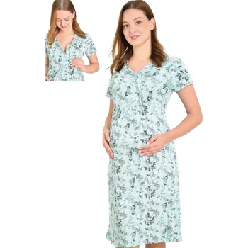 Dámská noční košile Azurová a šedá luxusní jemná těhotenská i kojící košilka na zip vzor růžičky 1D1492 modrá s