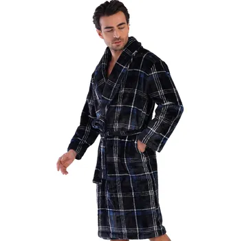 Pánský župan Župan pro muže huňatý černý a modře károvaný v dlouhé délce s límcem 1Z1687 černá s