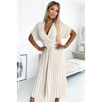 Dámské šaty Numoco Béžové Plisované Midi Šaty s Opaskem a Výstřihem numoco basic, UNI i367_2089_UNI