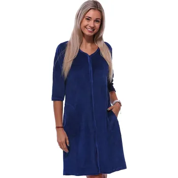 Dámský župan Tmavě modrý elegantní kojící župan do porodnice na zip ze sametu 1TB0078 modrá s