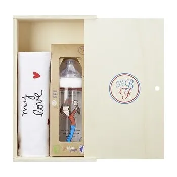 Příslušenství k odsávačce mléka DARČEKOVÝ DREVENÝ BOX LE BIBERON FRANCAIS S PODBRADNÍKOM MY LOVE A DOJČENSKOU FĽAŠOU FATHER BABY, 360ML, 6+M